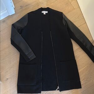 Michael Kors Collection Black Zipper Cardigan with Leather Sleeves